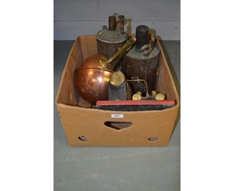 Brass model steam engine; two stationary engine steam engine tanks; and three copper pans. 