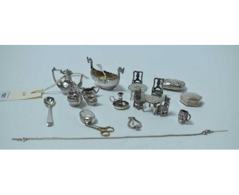A collection of silver miniature novelties, including a four piece tea service, by John Rose, Birmingham, 1951, a Victorian f
