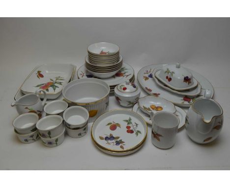 Royal Worcester 'Evesham' pattern part dinner service, including: lidded tureen; tea pot; lidded butter dish; ramekins; and o