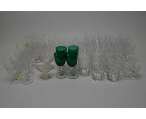 Selection of crystal and cut glass ware, including: crystal decanter and stopper; vase; set of five candlesticks; and various