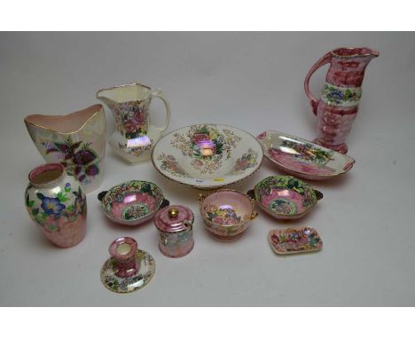 A selection of Maling ceramics, including: a 'Peony Rose' pattern water jug, 26.5cms high; a 'Rosalind' pattern jug; a pair o