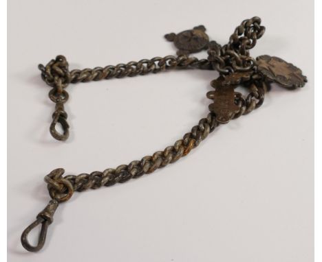 silver hallmarked watch chain with fobs and bars etc., 68g, heavily oxidised. 36cm long