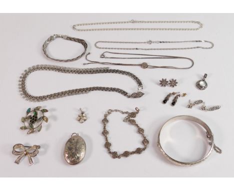 A good group of sterling silver and silver coloured metal jewellery, includes bangles, chains, bracelets, locket, brooches et