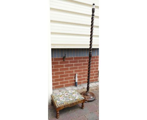An Oak Barley Twist Tall Lamp Stand, together with Carved Cross Stitch Stool. Lamp Stand H: 162cm 