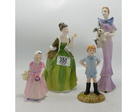Goebel figure lady with dog and three Royal Doulton figures (4): 