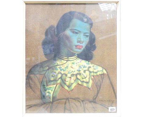 Vintage mid century Tretchvco framed print of blue lady. 63cm x 53cm 