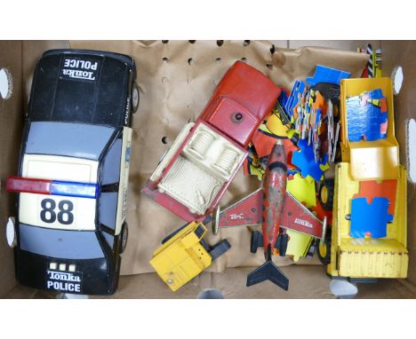 Tonka Police Car, Fire Engine, Jet Stream Plane &amp; small Dumper Truck, largest 35cm(4) 
