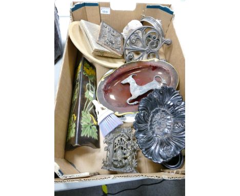 A mixed collection of items to include metal Money Box, Oak Carved Panel, Leaping Antelope Metal figure etc 
