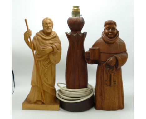 Hand carved figures of monks , and similar lamp base . Height of tallest 39cm (3) 