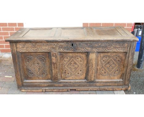 18th Century Carved Oak 3 Panel Coffer 129 x 60 x 61cm, bottom boards in need of repair 