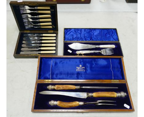 Mapplin &amp; Webb cased silver handled carving set: together with cased fish knife set and serving set (3) 