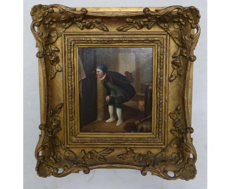 19th century oil painting on tin panel: Depicts elderly gentleman with cat in domestic scene.  Measures 20.5cm x 17cm excl. f