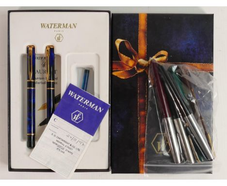 Collection of fountain pens including Parker 51 red and black, 2 Watermans with 14ct gold nibs, Sheaffer with Mont Blanc top 