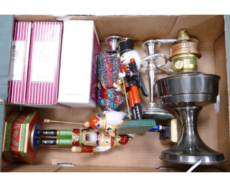 A mixed collection of items to include, Boxed Royal Albert Crystal Glass ware, Silver Plated Candlestick, Converted Oil lamp 