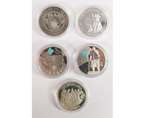 A collection of Westminster silver proof Five pound coins: comprising of 2009 Guernsey &amp; Nations, 2010 Churchill, 2017 Sa