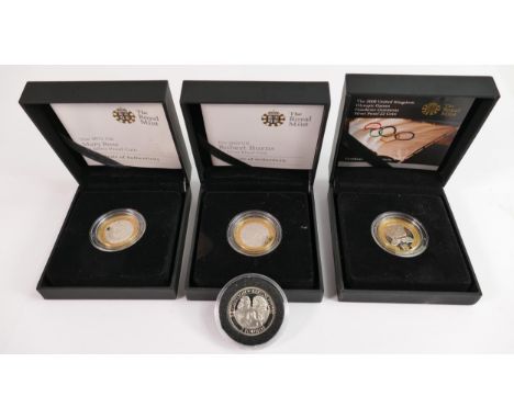 A collection of Royal Mint silver proof £2 coins: comprising 2009 Robert Burns, 2011 Mary Rose,2010 Revolution and 2008 Olymp