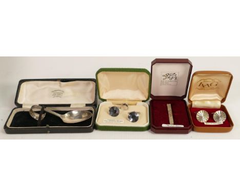 Group of silver items including 2 pairs of cased sterling silver cuff links, tie pin &amp; cased silver childs spoon. 