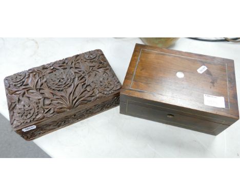 Ornately Carved Wooden Box &amp; similar inlaid item, largest 22.5cm in length(2) 