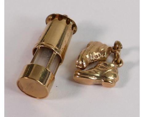 9ct gold miners lamp &amp; pair shoes charms, 3g: 