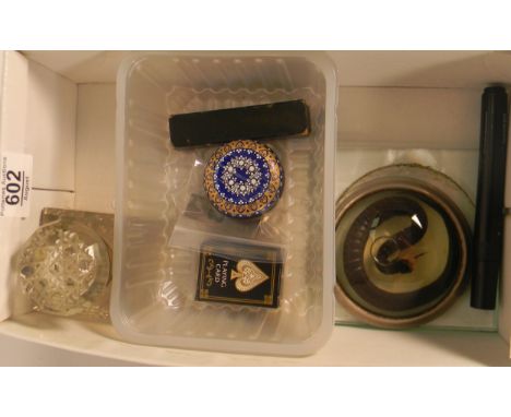 Group including large glass inkwell, snake specimen in liquid filled glass dome, sterling silver cigar cutter, patch box, pok