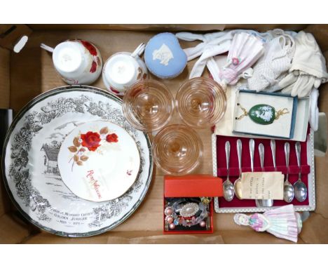 A mixed collection of items including Royal Doulton plates, costume jewellery, Ruby wedding cups &amp; saucers, glassware etc