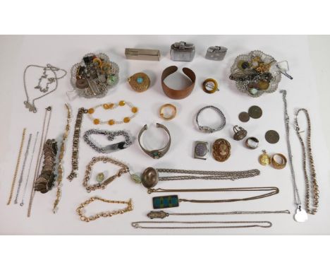 A collection of vintage jewellery and items including Silver bracelets, Ronson and other lighters and costume jewellery etc. 