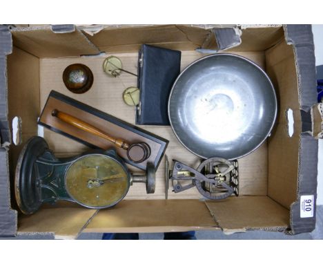 A mixed collection of items to include: Salters Family Scales, Cased Scales, Postage Scales, Wooden Gavel etc 