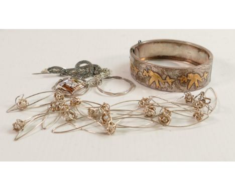 A collection of Silver jewellery including bangle, pendant &amp; chain, necklace etc, 60g. 