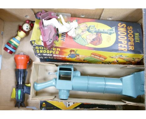 A collection of vintage toys to include boxed Marx super snooper four way scope, merit plastic space pilot supersonic gun and