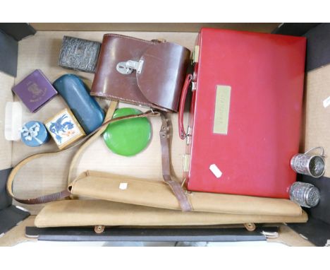 A collection of vintage items including miniature silver tankard and scent bottle, pair of leather cased binoculars, vintage 