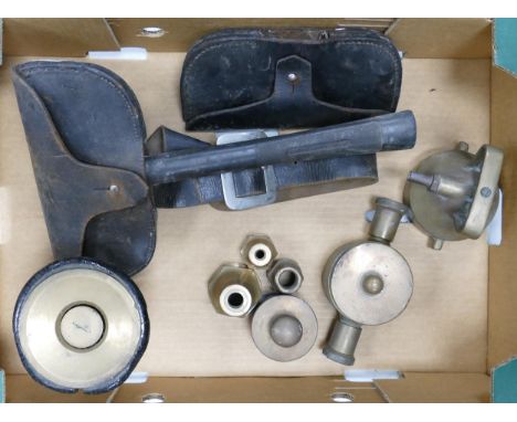Fire brigade memorabilia: Interesting vintage brass lot containing Fireman's George Angus axe with belt &amp; pouch, fire ext