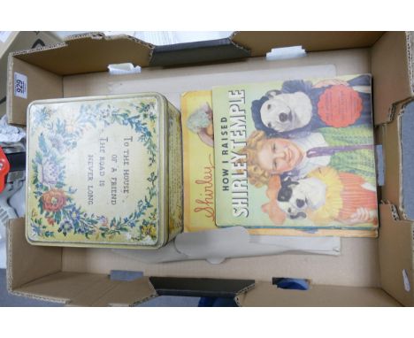 A collection of vintage Shirley Temple Theme Books together with Carr &amp; Co vintage Biscuit tin 