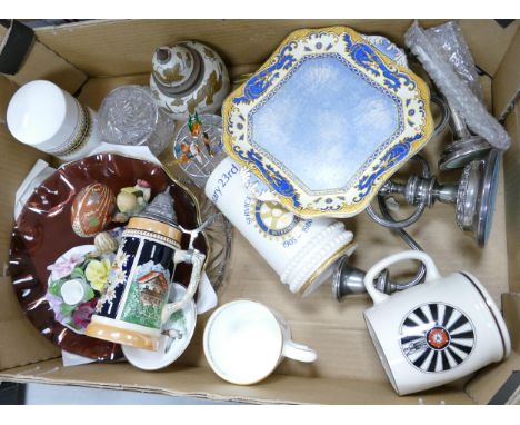 A mixed collection of items to include German Beeer Steins, Wedgwood lidded cylinder box, Silver plated candlestick, Rotary C