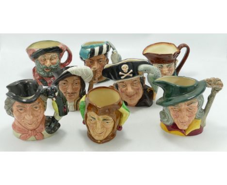 A collection of small Royal Doulton Character jugs to include: Pied Piper, Athos, The Walrus &amp; Carpenter, Jester, Falstaf