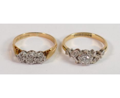Two 18ct gold hallmarked diamond set rings, weight 5.1g, both size K. 