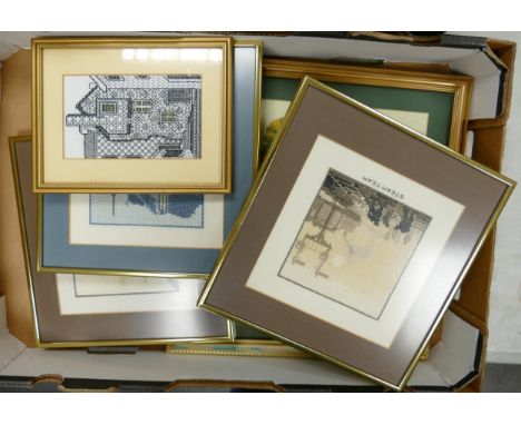 A collection of framed Tapestry items with themes of Houses, Animals, Steam trains etc 