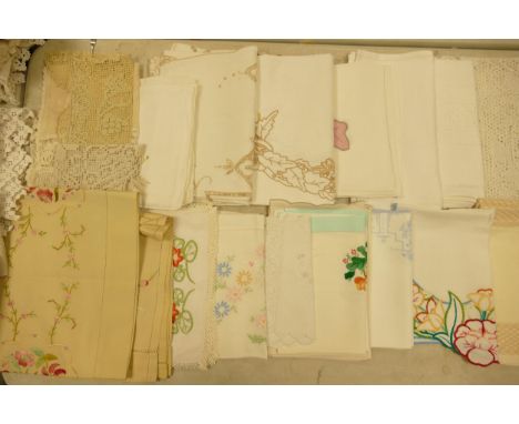 A large collection of Vintage Embroidered &amp; Maltese Lace Table Cloths &amp; Runners 