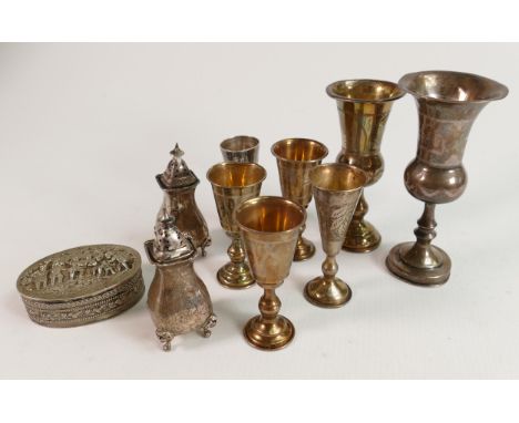 A collection of various Silver items: including various miniature vases, salt &amp; pepper cruet, 309g together with an unmar