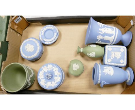 A collection of Wedgwood Jasperware including vases, lidded boxes planter in both blue &amp; sage green 
