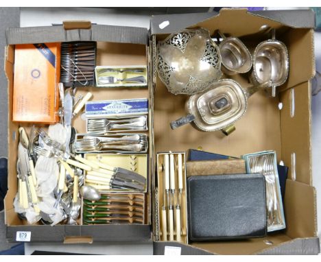 A mixed collection of items to include: silver plated cutlery sets, similar tea service etc (2 trays) 