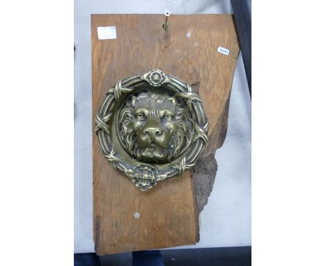 Large Brass Lions Face Door Knocker mounted on wooden plank 