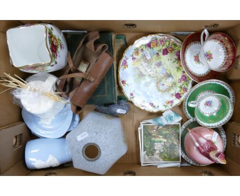 A mixed collection of items to include Royal Albert old country roses vase: Royal Stafford cups &amp; saucers, decorative gla