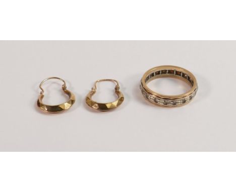 Pair 9ct gold earrings, 1g and 9ct gold &amp; silver eternity ring, 3.6g. (3) 