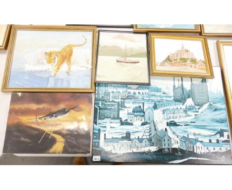 Framed Oil on Board&amp; Canvas Landscapes, Bomber Study, Tiger &amp; Lory Mid Century Print, some initialed N Nicholls(5) 