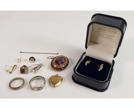 Pair 9ct gold two colour earrings: boxed, together with 9ct &amp; silver eternity ring, Oval amethyst brooch and other jewell
