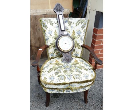 Carved Oak Barometer together with Upholstered Bedroom Chair(2) 