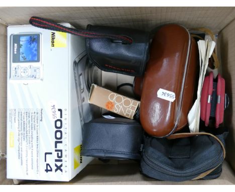 A collection of cameras and equipment: including Kiev Camera, Nikon L4 camera, Pentax and Praktica camera etc 