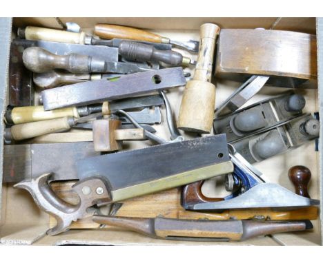A collection of vintage wood working tools to include saws.planes, chisels etc 