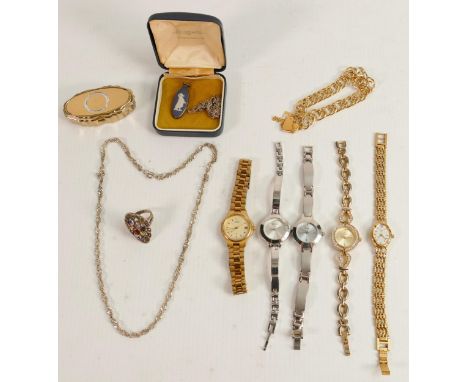 Group of jewellery including boxed silver mounted Wedgwood pendant &amp; chain, 5 ladies fashion watches including limit, sil