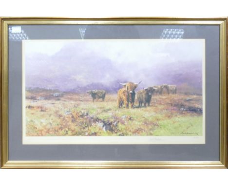 Large David Shepard Print Highland Cattle, Ltd Edition , signed on mount, frame size 65 x 97cm, signed &amp; dedicated to Ann